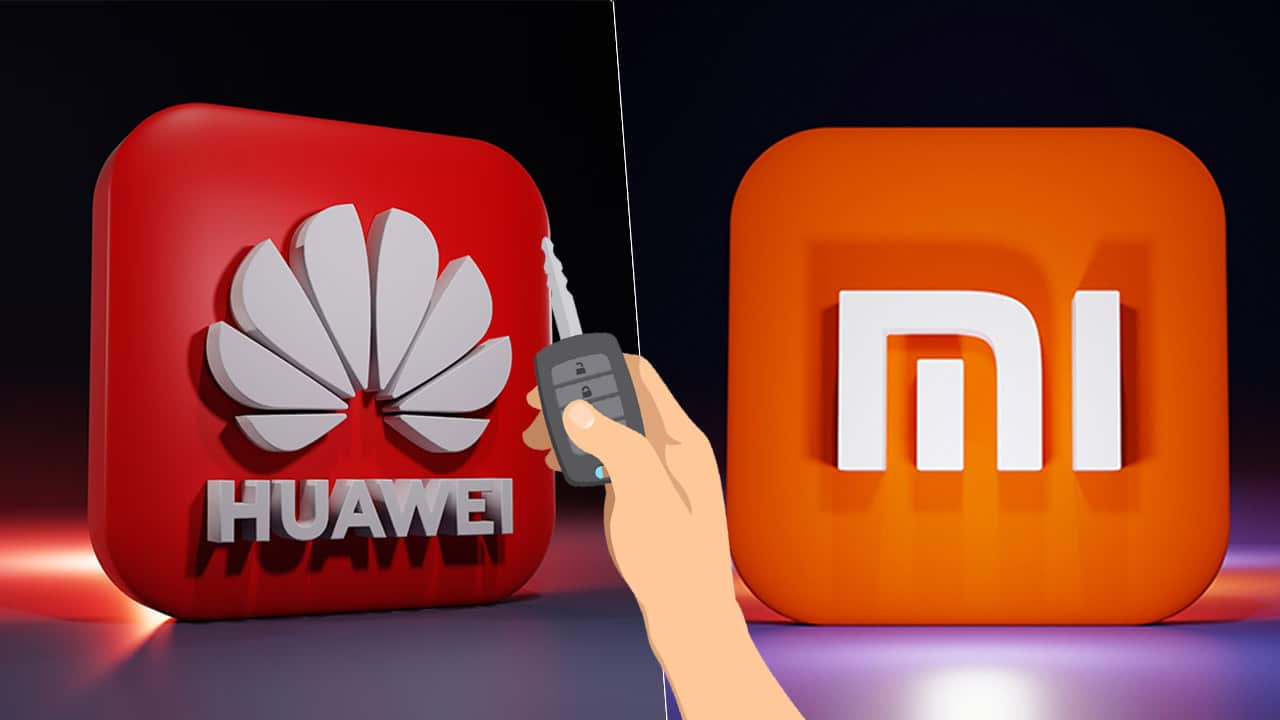 Logos de Huawei et Xiaomi sur des voitures électriques