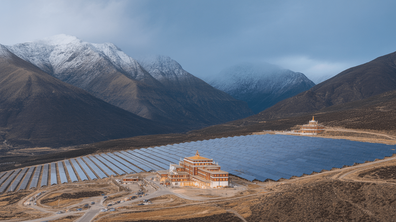 Centrale solaire enneigée dans les hauteurs du Tibet