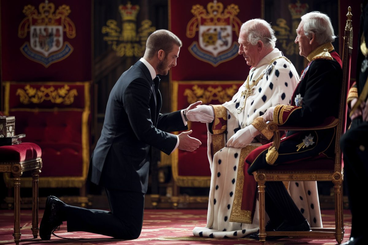 David beckham reçoit officiellement son titre de chevalier des mains du roi charles