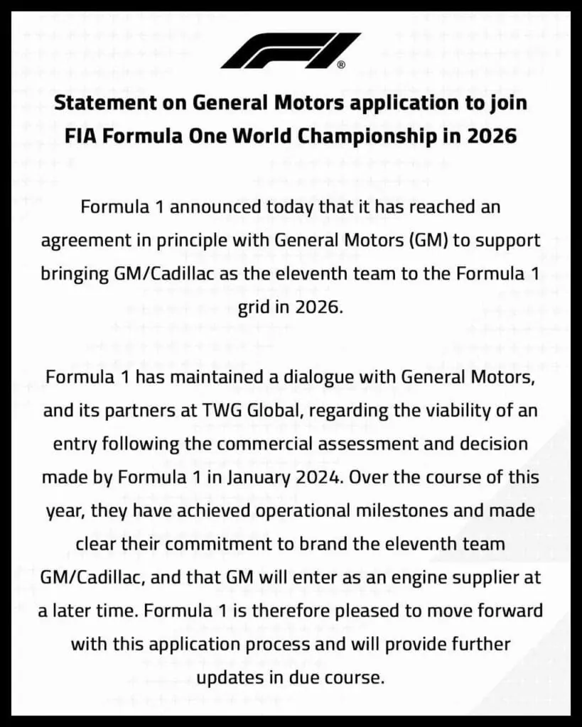 Déclaration à propos de la candidature de General Motors pour rejoindre la FIA F1 en 2026